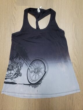 Racerback Ombre Tank Top with Motorcycle Graphic - Black to Light Gray